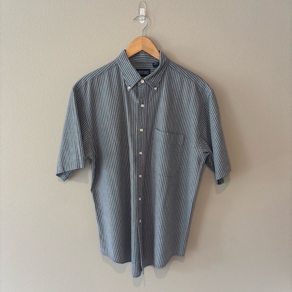 VTG LANDS’ END Men’s Purple and Green Striped Short Sleeve Button Down Shirt L